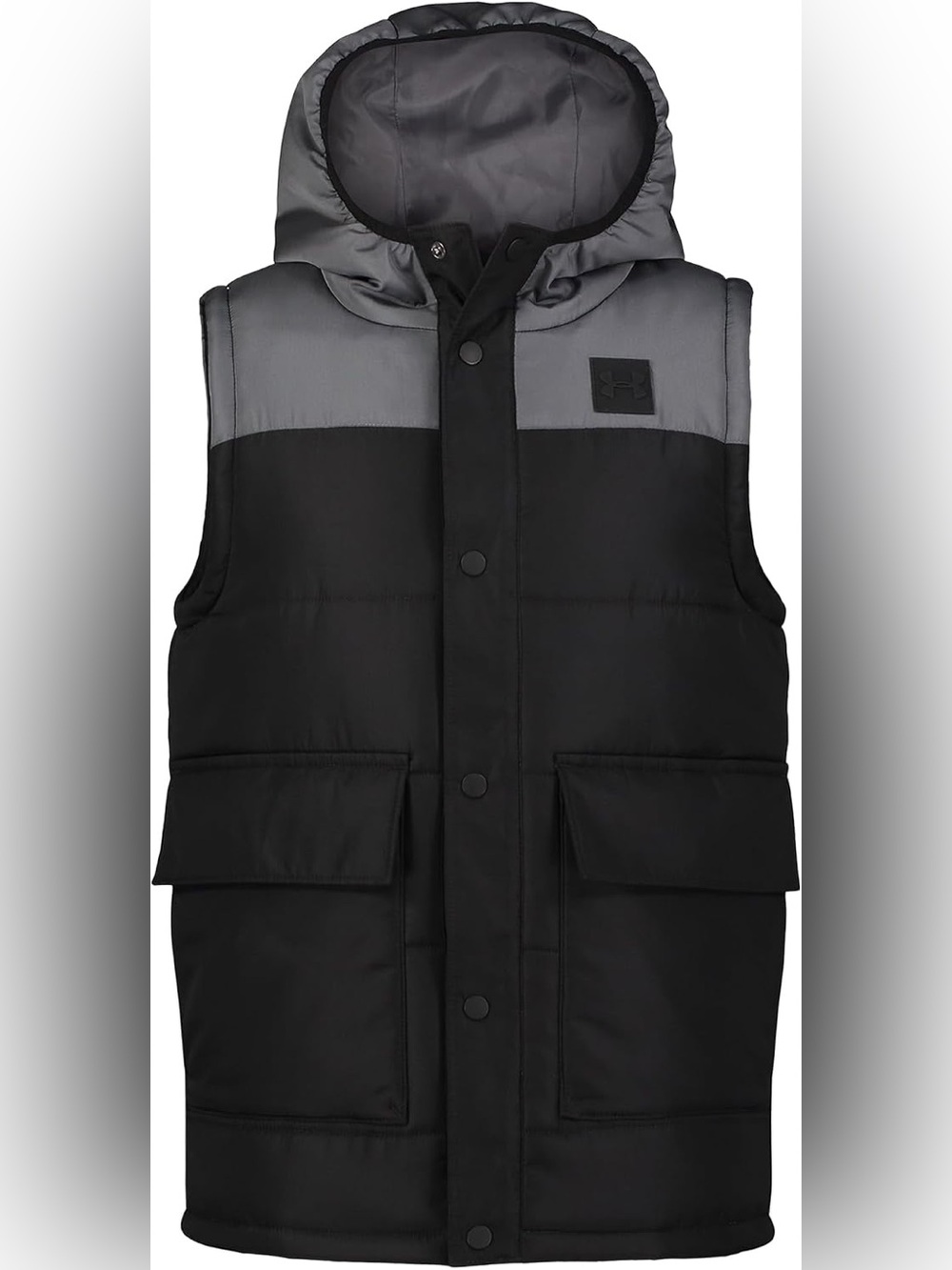 Under Armour Boys YM Medium Hooded Puffer Vest Black Gray NWOT 2-Fer